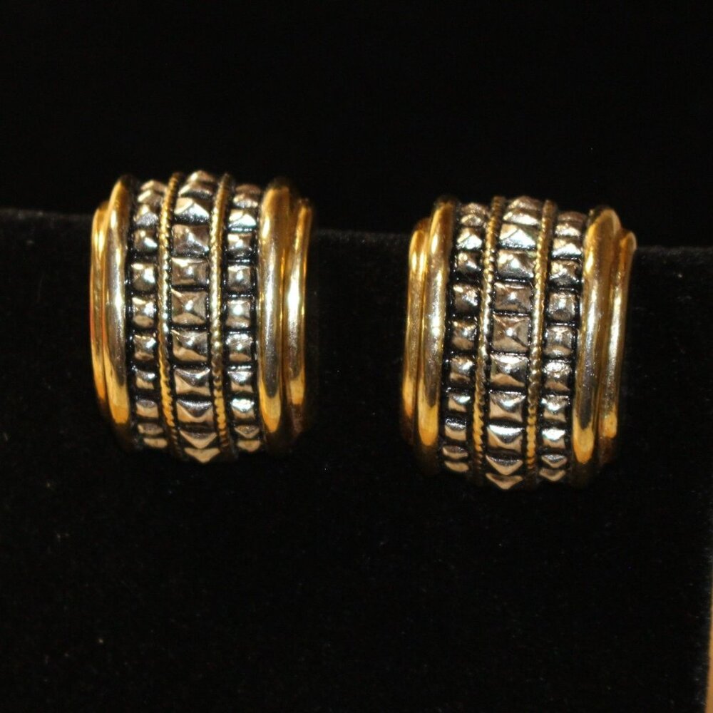 Vtg Gold-Tone & Silver-Tone Clip-On Earrings Textured Ribbed Design Approx 1"